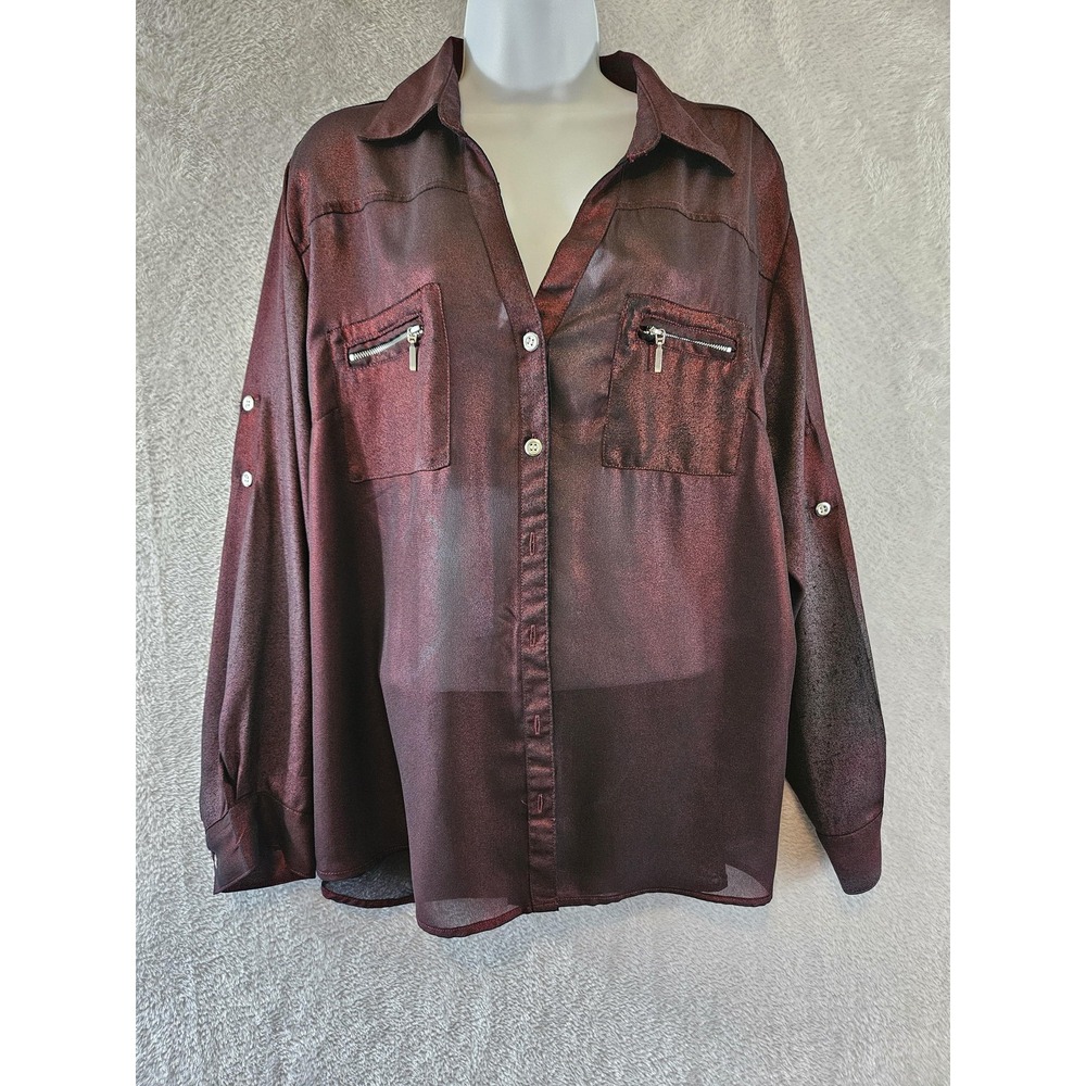 Rouge Collection Blouse Womens 2XL Sheer Button Up Zip Pocket Metallic Goth Vamp